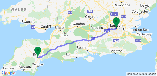London to Exeter removal companies Map