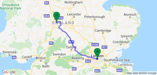 Professional London to Birmingham Removals Map